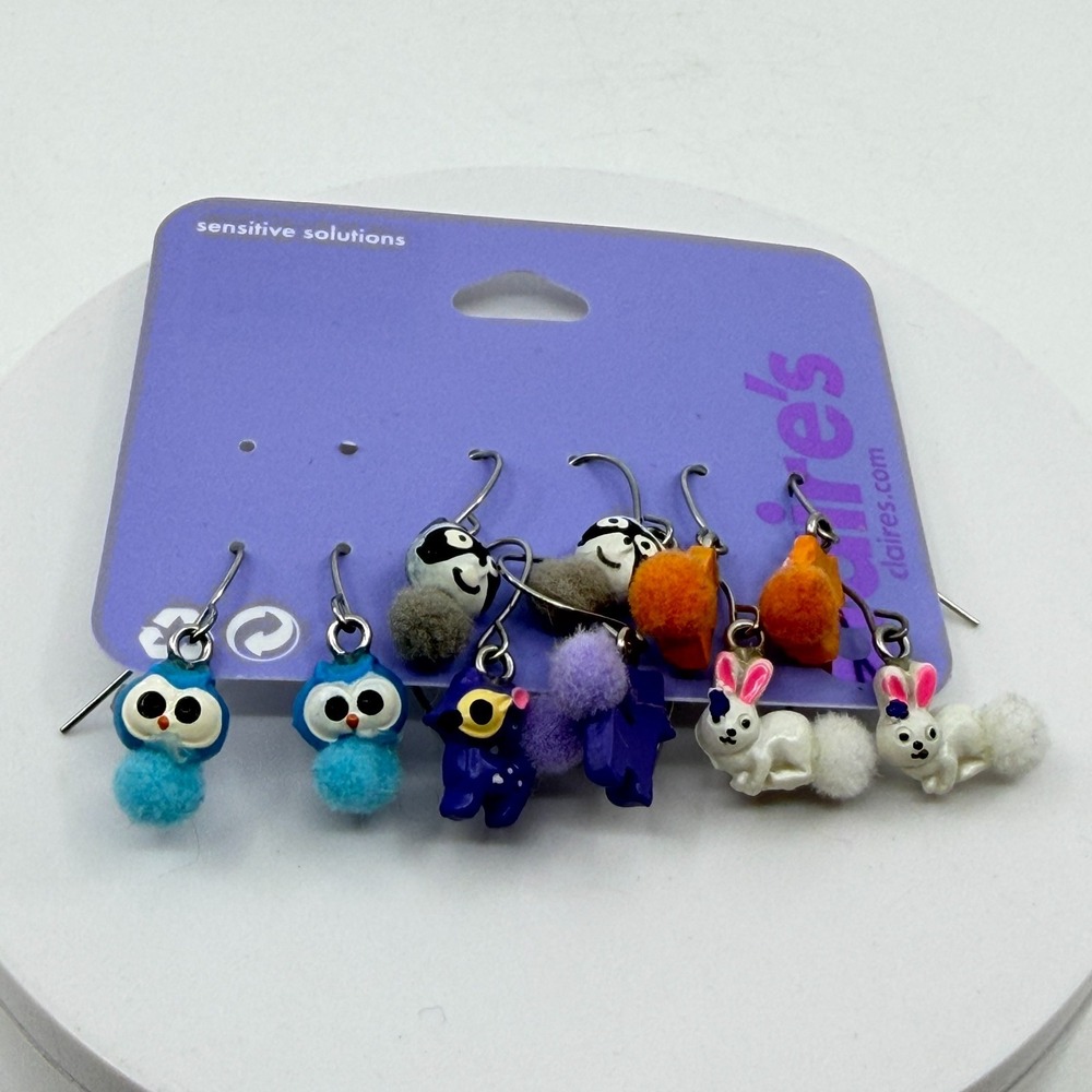 Claire's 6 Pair Animal Pom Pom Dangle Earrings Owl Bunny Fox Raccoon Cute Y2K